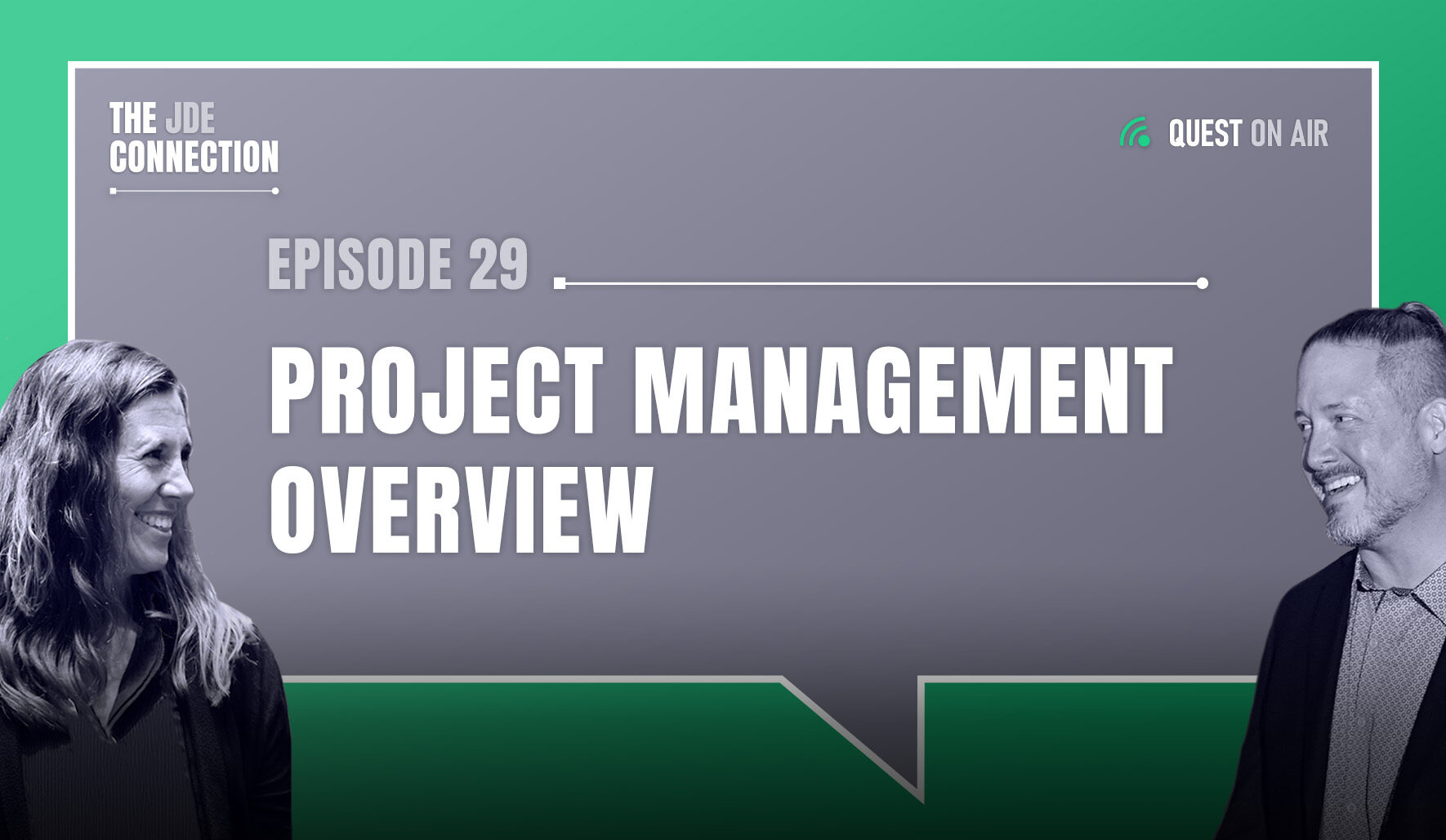 JDE Podcast cover image with pictures of host Chandra Wobschall and Paul Houtkooper, with a grey background with white text that reads Episode 29 Project Management Overview