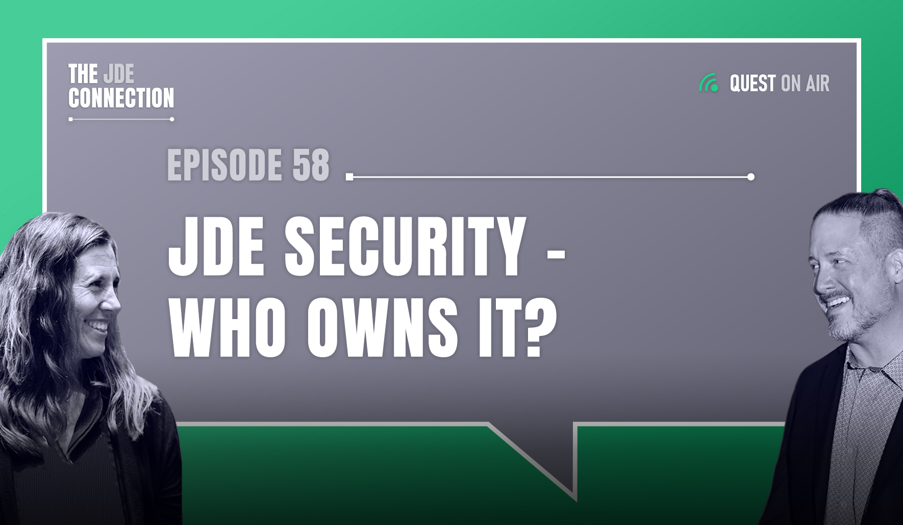 JDE Podcast cover image with pictures of host Chandra Wobschall and Paul Houtkooper, with white text that reads Episode 58 JDE Security Who Owns It?