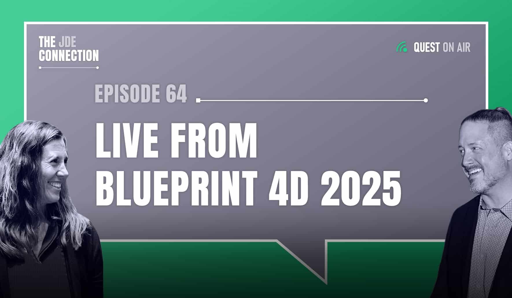 JDE Podcast cover image with pictures of host Chandra Wobschall and Paul Houtkooper, with white text that reads Episode 64 Live from BLUEPRINT 4D 2025