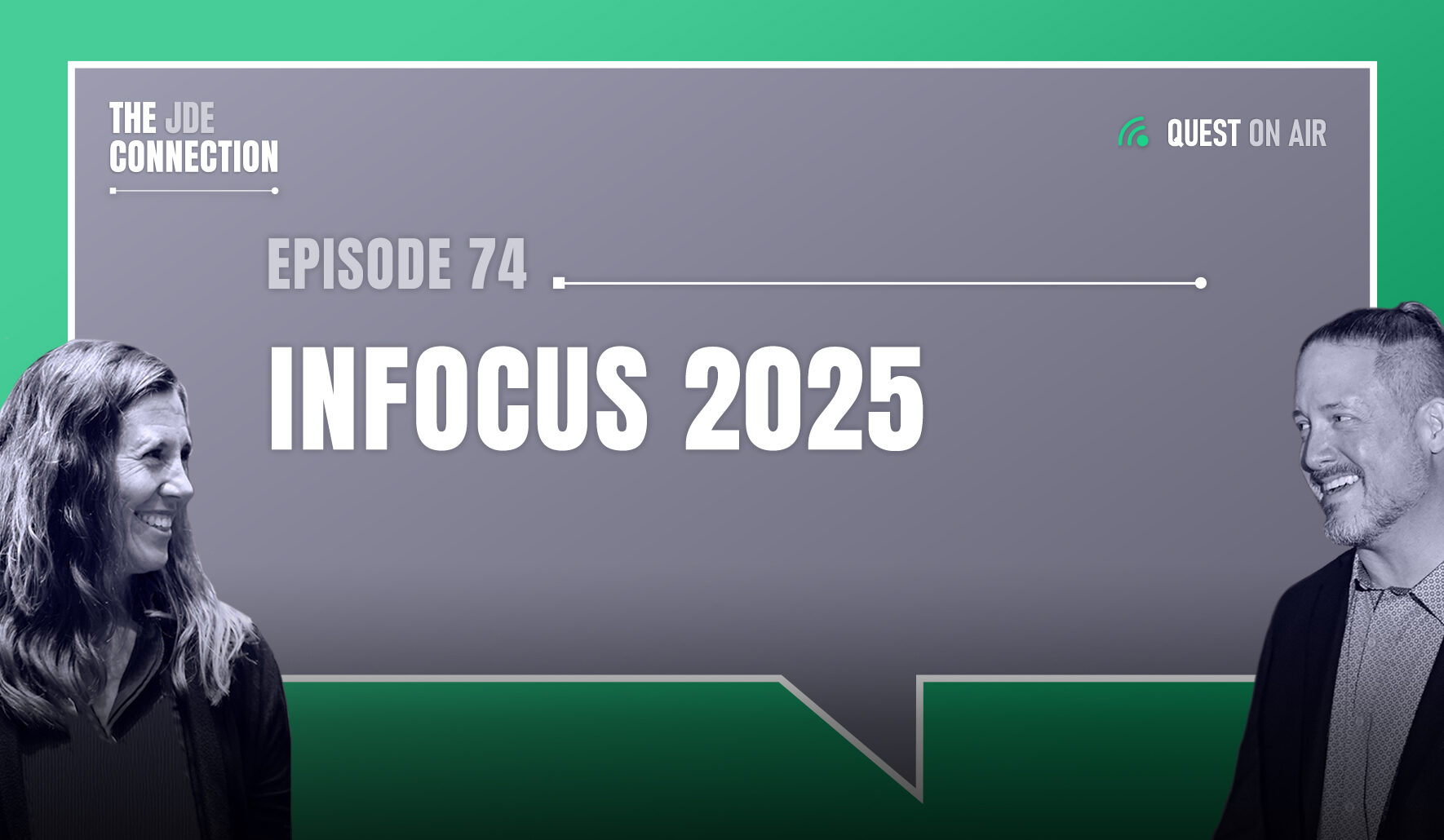 JDE Podcast cover image with pictures of host Chandra Wobschall and Paul Houtkooper, with white text that reads Episode 74 INFOCUS 2025
