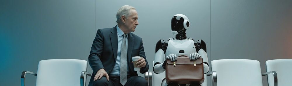 AI that speaks business header image with an older businessman on the left holding a cup of coffee and looking at a white and black robot holding a briefcase