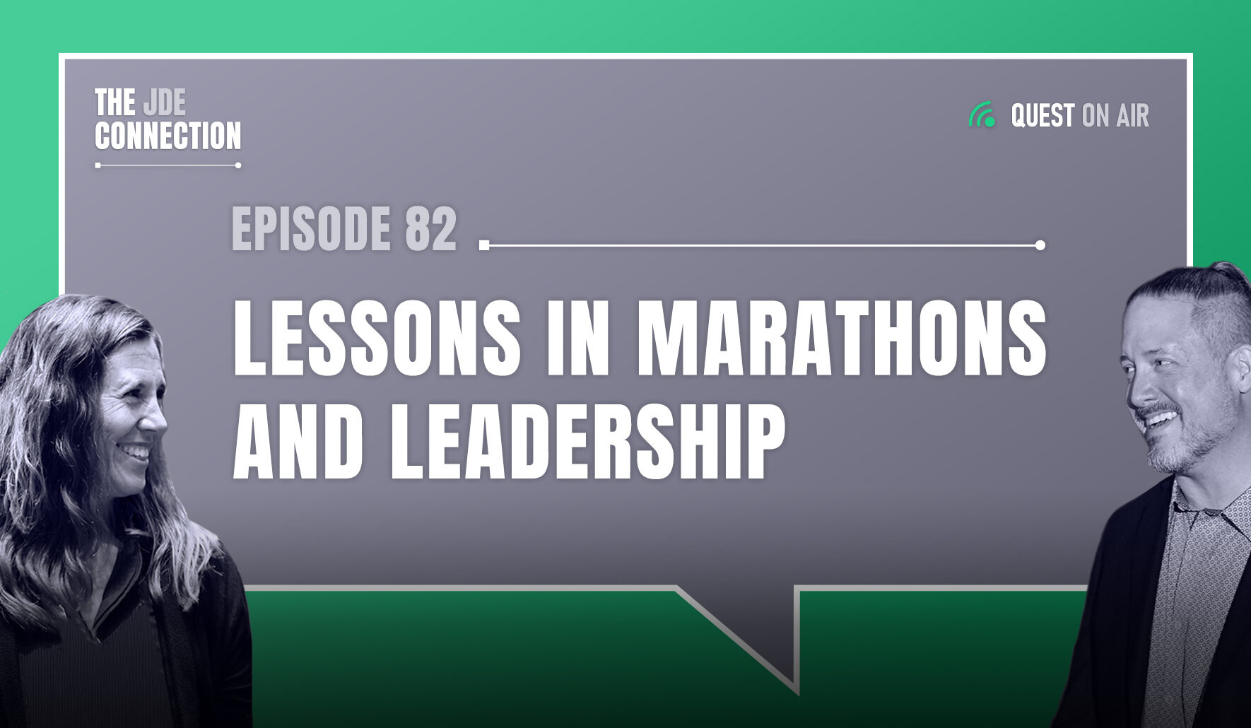 JDE Podcast cover image with pictures of host Chandra Wobschall and Paul Houtkooper, with white text that reads Episode 82 Lessons in Marathons and leadership