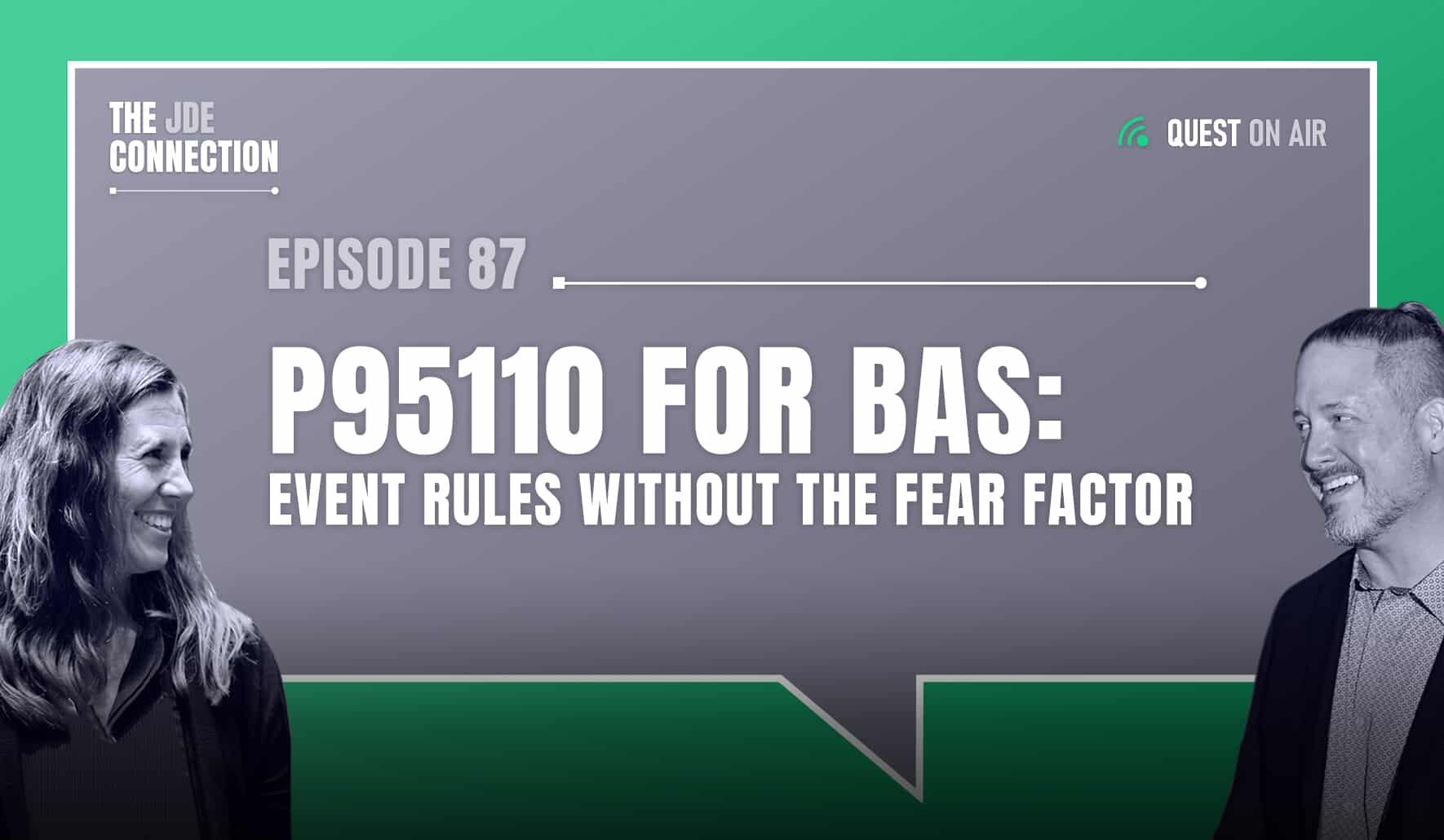 JDE Podcast cover image with pictures of host Chandra Wobschall and Paul Houtkooper, with white text that reads Episode 87 P95110 for BAs: Event rules with the fear factor