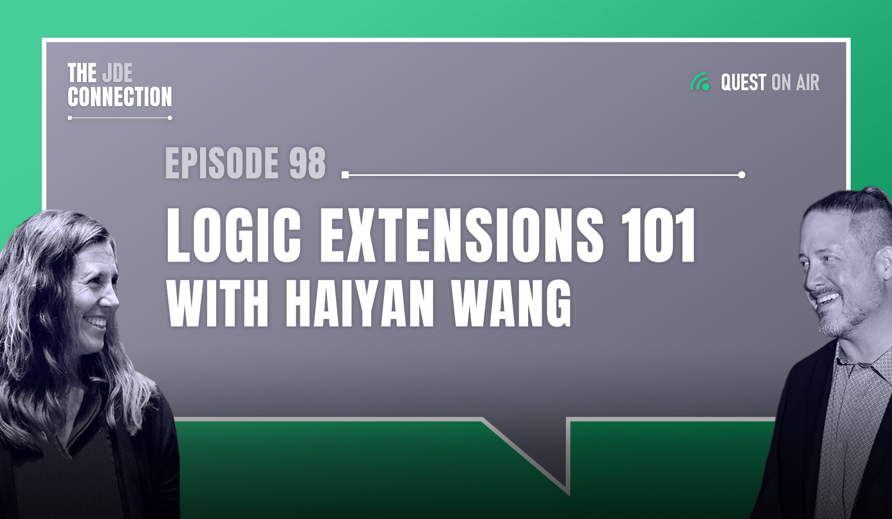 JDE Podcast cover image with pictures of host Chandra Wobschall and Paul Houtkooper, with white text that reads Episode 98 Logic Extensions 101 with Haiyan Wang