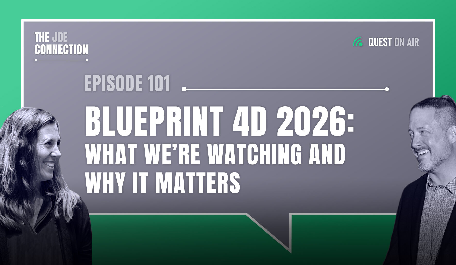 JDE Podcast cover image with pictures of host Chandra Wobschall and Paul Houtkooper, with white text that reads Episode 101 BLUEPRINT 4D 2026: What we're watching and why it matters