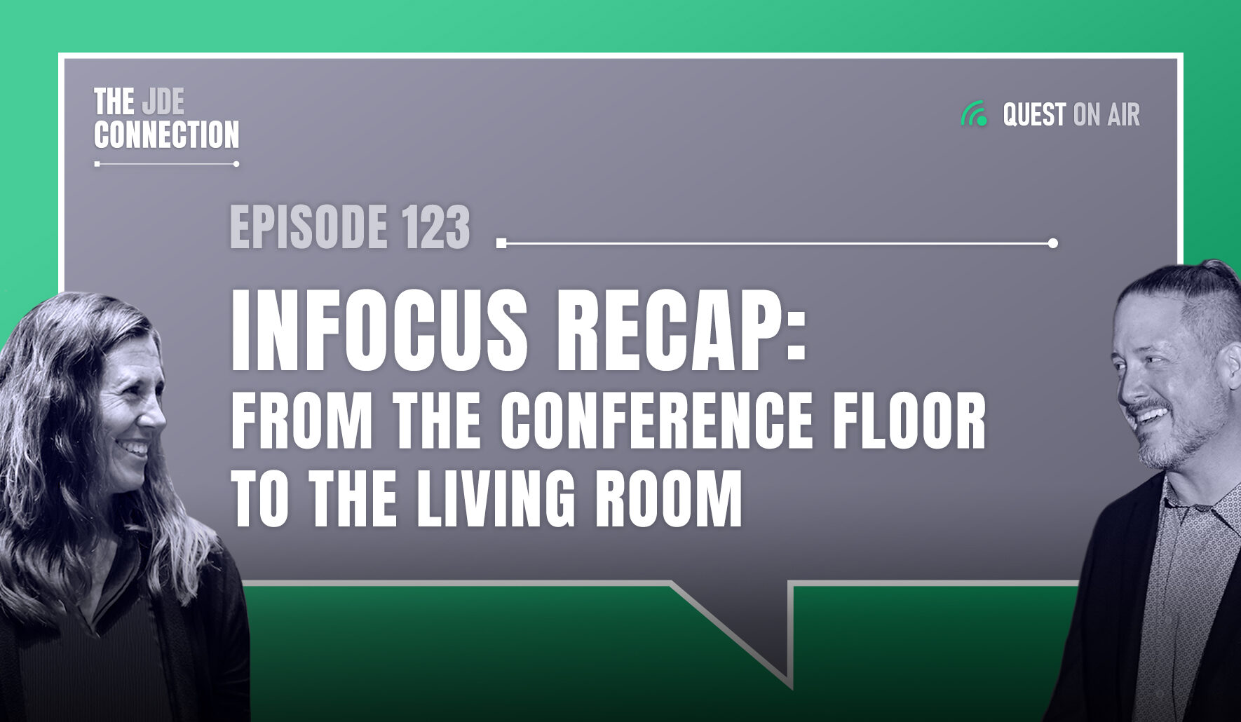 JDE Podcast cover image with pictures of host Chandra Wobschall and Paul Houtkooper, with white text that reads Episode 123 INFOCUS Recap: From the conference floor to the living room